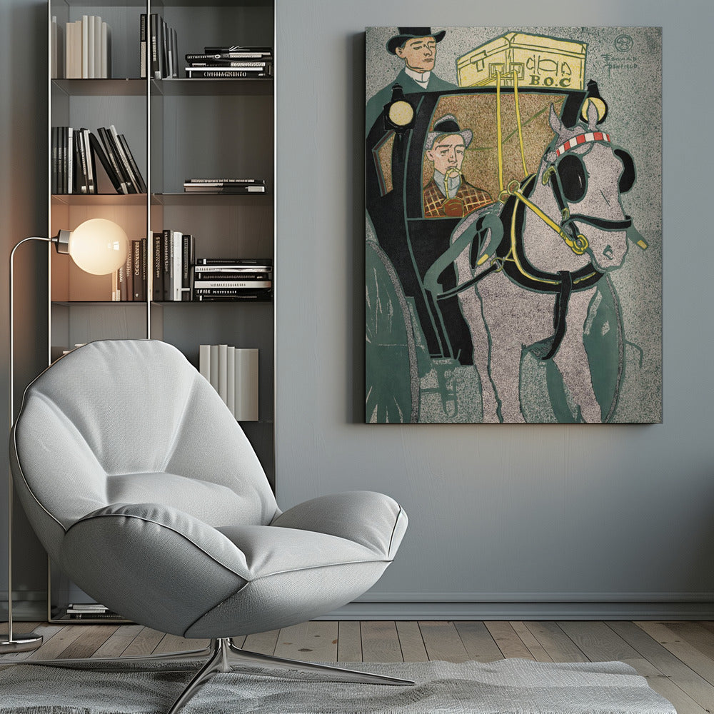 A vintage Art Nouveau style illustration by Edward Penfield depicting a horse-drawn carriage. A stippled gray horse in black and yellow harness is in the foreground, while a man in a plaid coat smokes a pipe inside the black carriage. Another man in a top hat stands on the carriage, with yellow luggage labeled 'B.O.C' on the roof. Poster