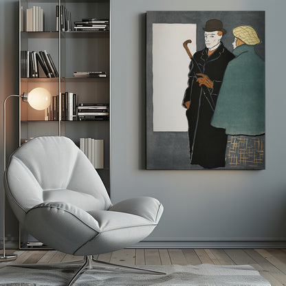 A vintage-style graphic illustration of a man and a woman. The man in the foreground wears a black overcoat, a brown bowler hat, and orange gloves while holding a closed umbrella. To his right, a woman is seen from behind, wearing a green coat and a yellow patterned cap. The background is a dark grey with a large white rectangle on the left. Wall Art