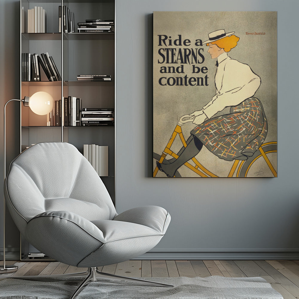 A vintage advertisement poster by Edward Penfield for Stearns bicycles. The poster features a woman with orange-blonde hair and a white hat riding a yellow bicycle. The text on the left says 'Ride a STEARNS and be content'. Decor