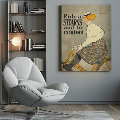 A vintage advertisement poster by Edward Penfield for Stearns bicycles. The poster features a woman with orange-blonde hair and a white hat riding a yellow bicycle. The text on the left says 'Ride a STEARNS and be content'. Decor