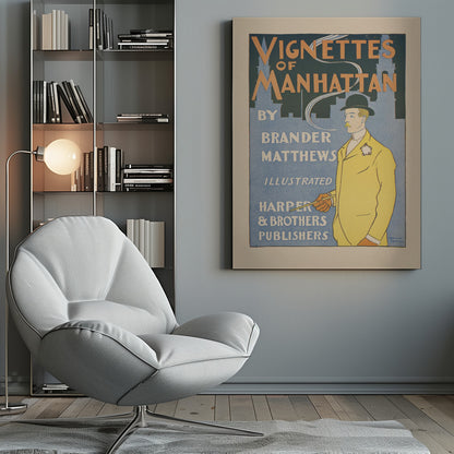 Vintage book poster for "Vignettes of Manhattan" by Brander Matthews. It features a stylized illustration of a man in a yellow jacket and black bowler hat smoking a long pipe against a blue background with a silhouette of the Manhattan skyline. The typography is characteristic of the late 19th century. Print