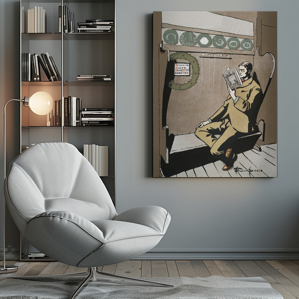 A vintage illustration by Edward Penfield showing a man in a tan suit and glasses relaxing in a high-backed chair while reading a book. A Christmas wreath with the message 'Peace on Earth GoodWill toward Men' hangs to his left, creating a quiet holiday scene. Artwork