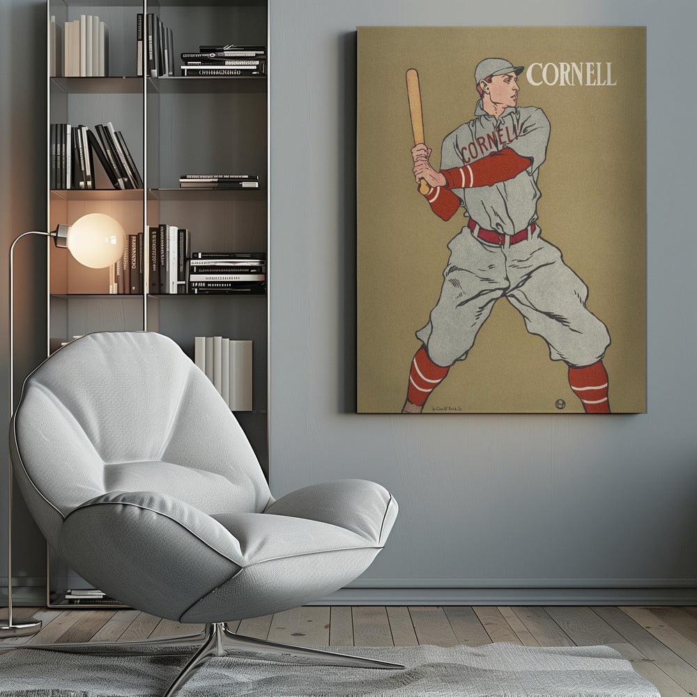 A vintage-style poster of a Cornell University baseball player at bat. The player is illustrated in a grey uniform with red sleeves and socks, holding a bat and ready to swing, against a solid tan background. The word 'CORNELL' is written in the top right and across the player's chest. Print