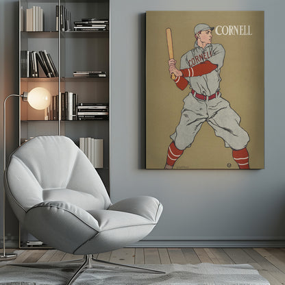 A vintage-style poster of a Cornell University baseball player at bat. The player is illustrated in a grey uniform with red sleeves and socks, holding a bat and ready to swing, against a solid tan background. The word 'CORNELL' is written in the top right and across the player's chest. Print