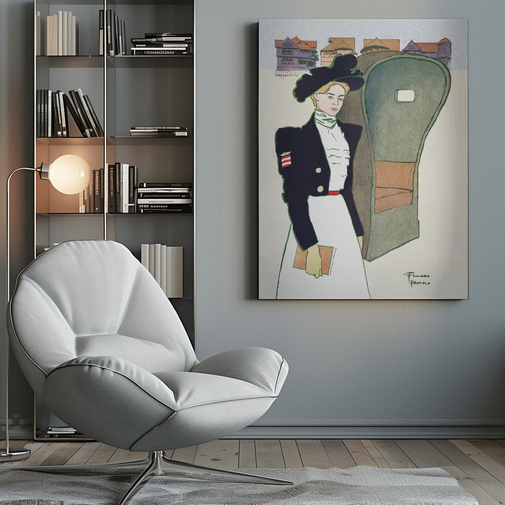 An Art Nouveau illustration by Edward Penfield depicting a stylish woman in a large black hat, a dark navy jacket with an American flag patch, and a long white skirt. She holds a book and stands next to a carriage, with stylized houses in the background. Artwork