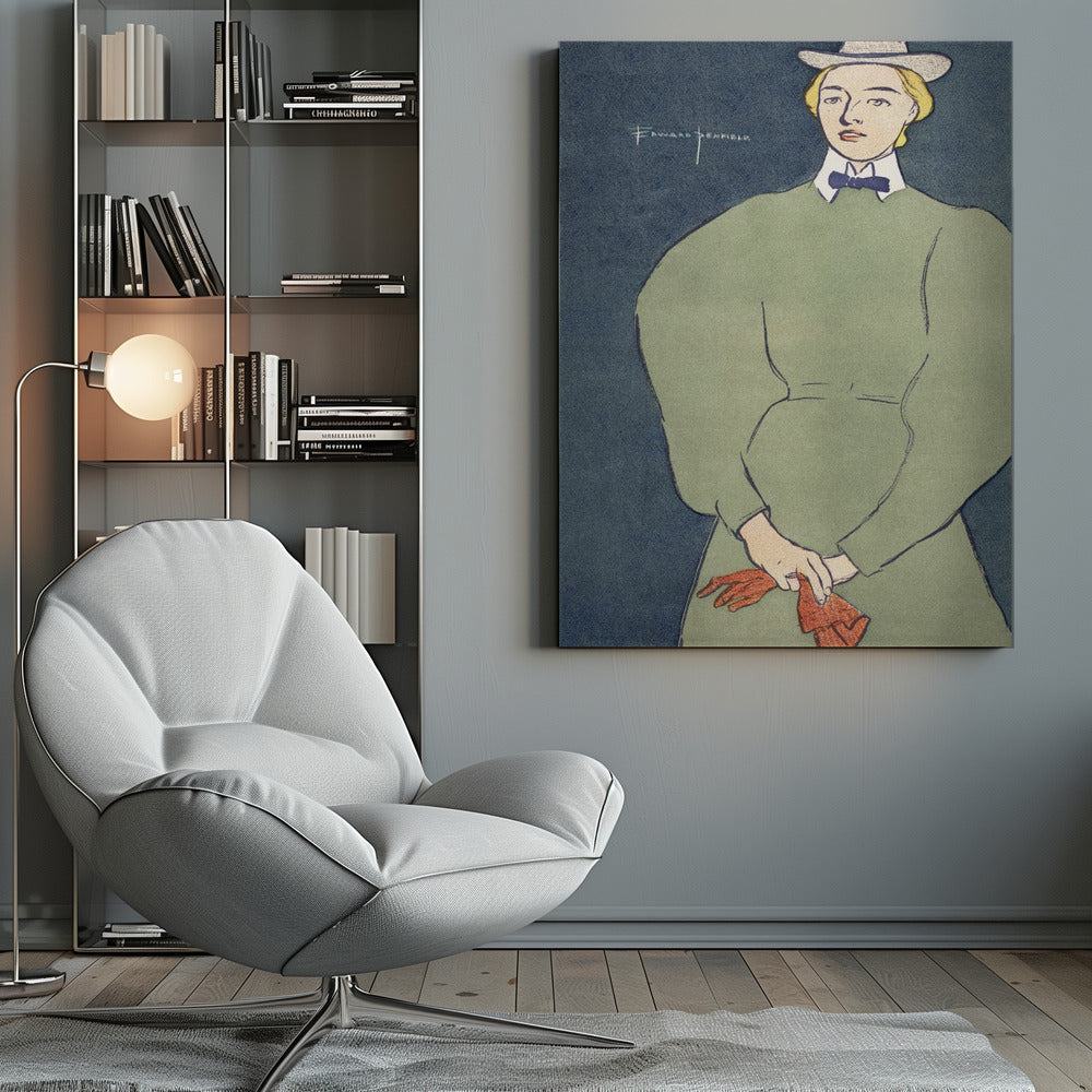 A vintage illustration by Edward Penfield of a woman with short blonde hair wearing a grey fedora hat, a high-collared green dress with large puff sleeves, a white collar, and a blue bowtie. She holds a pair of red gloves against a solid dark blue background. Decor