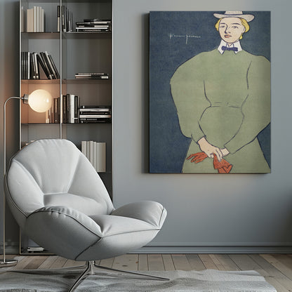 A vintage illustration by Edward Penfield of a woman with short blonde hair wearing a grey fedora hat, a high-collared green dress with large puff sleeves, a white collar, and a blue bowtie. She holds a pair of red gloves against a solid dark blue background. Decor