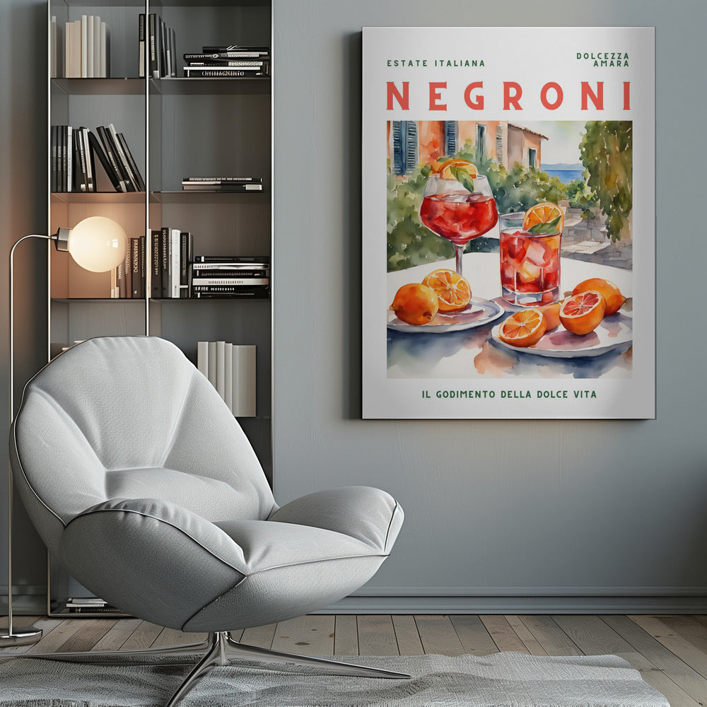 A vintage-style poster for a Negroni cocktail with the words 'Estate Italiana' and 'Negroni' at the top. The poster features a watercolor illustration of two glasses of Negroni on a white table with fresh oranges, set against a sunny Italian coastal backdrop with a villa and the sea. At the bottom, it reads 'Il Godimento Della Dolce Vita'. Artwork
