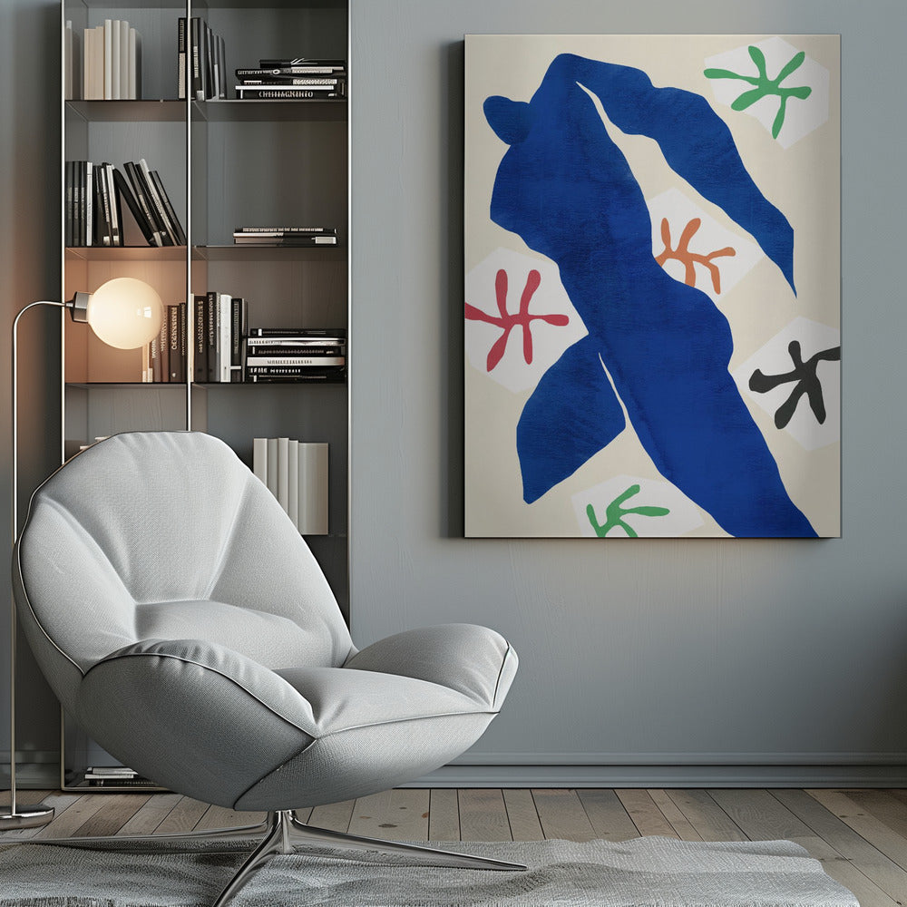 A framed abstract artwork by Henri Matisse featuring a large, solid blue cut-out figure in a dynamic pose against a cream background. Surrounding the figure are smaller, colorful, stylized floral or star-like shapes in red, green, orange, and black. Decor