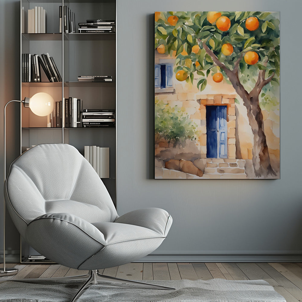 A watercolor painting of a sunlit stone cottage featuring a vibrant blue door, with a large, leafy orange tree full of ripe fruit in the foreground. Wall Art
