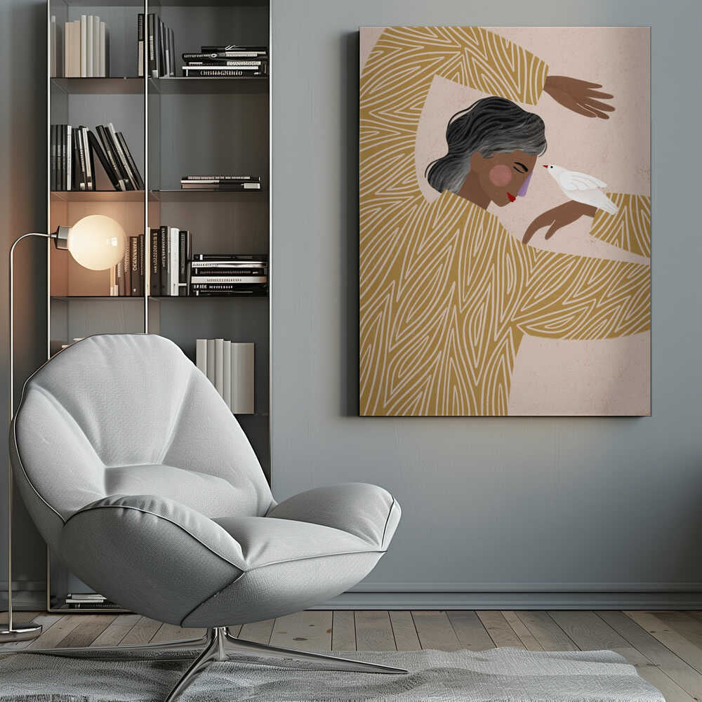 An illustration of a person with dark skin and grey-streaked hair wearing a mustard yellow patterned shirt. They are in a gentle pose, with a small white bird perched on their hand, touching its beak to their nose against a soft pink background. Decor