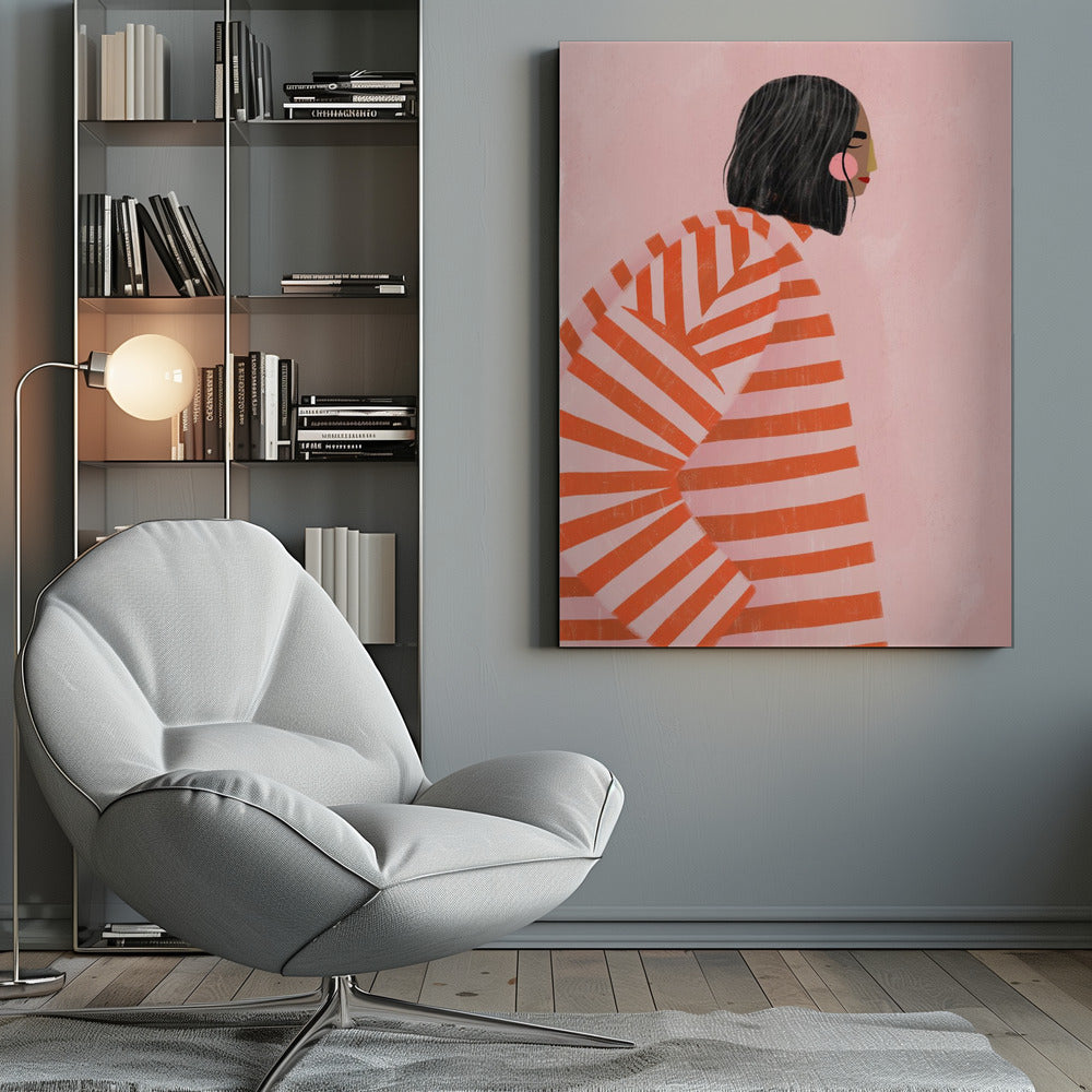A modern illustration of a woman with short black hair in profile, wearing an oversized sweater with bold orange and light pink horizontal stripes, set against a solid pink background. Artwork