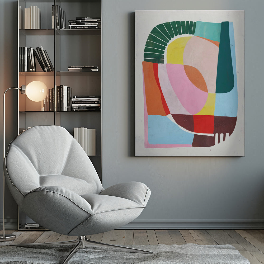 A modern abstract artwork in a black frame, featuring a colorful collage of geometric and curved shapes. Prominent elements include a dark green segmented arch, a yellow semi-circle, and large overlapping forms in shades of pink, blue, orange, and brown against a white background. Poster