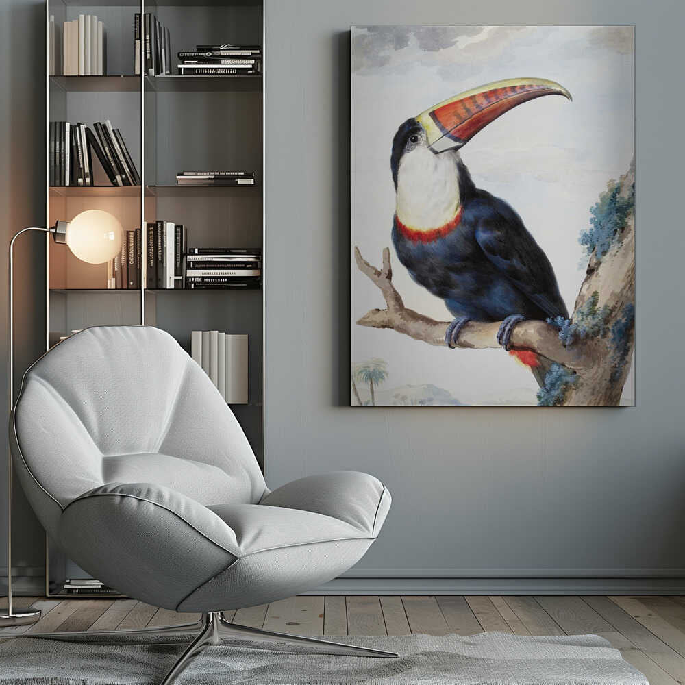 A vintage scientific illustration of a red-billed toucan perched on a tree branch, shown in profile. The bird has dark blue and black plumage, a white throat, and a massive, colorful beak with shades of red, orange, and yellow. The background features a pale, cloudy sky and a distant tropical landscape. Print