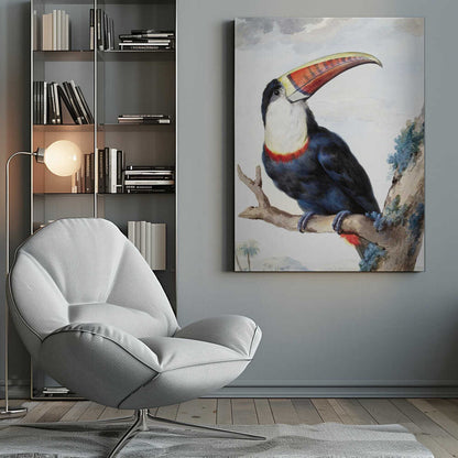 A vintage scientific illustration of a red-billed toucan perched on a tree branch, shown in profile. The bird has dark blue and black plumage, a white throat, and a massive, colorful beak with shades of red, orange, and yellow. The background features a pale, cloudy sky and a distant tropical landscape. Print