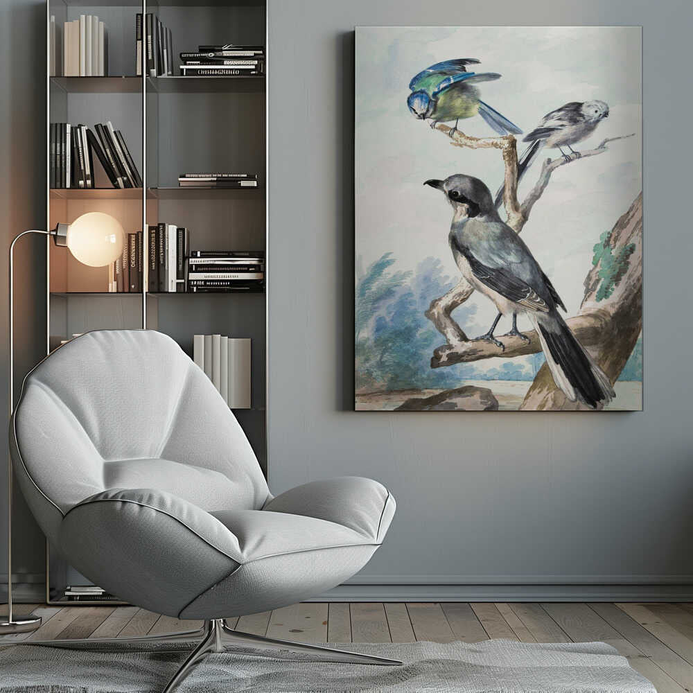 A vintage watercolor illustration of three birds perched on tree branches against a soft landscape background. A large grey shrike is in the foreground, with a smaller blue tit and a long-tailed tit on branches above it. The artwork is presented in a black frame. Decor