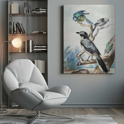 A vintage watercolor illustration of three birds perched on tree branches against a soft landscape background. A large grey shrike is in the foreground, with a smaller blue tit and a long-tailed tit on branches above it. The artwork is presented in a black frame. Decor