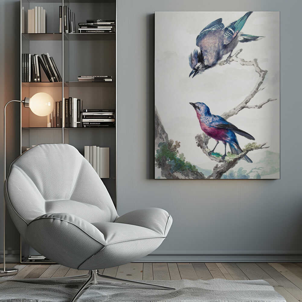 A vintage-style ornithological illustration of two birds on a dead branch against a soft, light background. On top, a blue jay with its wings slightly spread leans downward. Below, a vibrant bird with blue and magenta feathers looks upward. The artwork is presented in a simple black frame. Poster