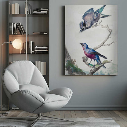 A vintage-style ornithological illustration of two birds on a dead branch against a soft, light background. On top, a blue jay with its wings slightly spread leans downward. Below, a vibrant bird with blue and magenta feathers looks upward. The artwork is presented in a simple black frame. Poster