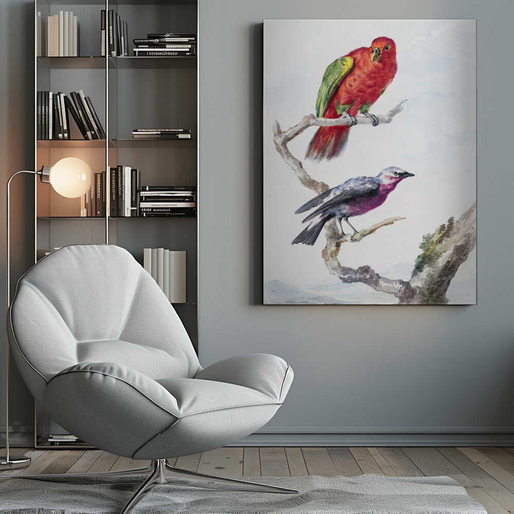 A vertical vintage watercolor illustration of two birds perched on a branch against a light background, enclosed in a black frame. The top bird is a bright red parrot with green wing accents. The lower bird is smaller, with a purple chest, a grey head, and dark wings. Print