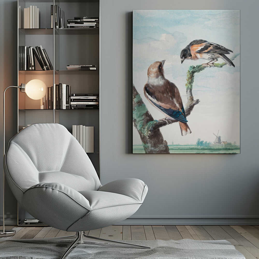 A vintage watercolor painting of two birds perched on branches against a soft blue sky. In the foreground, a Hawfinch with brown and blue feathers sits on a thick branch, while a Brambling with orange, black, and white plumage perches above. A classic Dutch landscape with a windmill is visible in the distant background. Wall Art