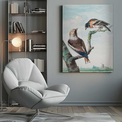 A vintage watercolor painting of two birds perched on branches against a soft blue sky. In the foreground, a Hawfinch with brown and blue feathers sits on a thick branch, while a Brambling with orange, black, and white plumage perches above. A classic Dutch landscape with a windmill is visible in the distant background. Wall Art