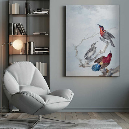 A vintage watercolor illustration of three birds on a gnarled branch against a soft blue and grey sky. One bird has a red and blue head, another is grey, and the third displays a crimson back and vibrant blue tail feathers. The artwork is presented in a simple black frame. Poster