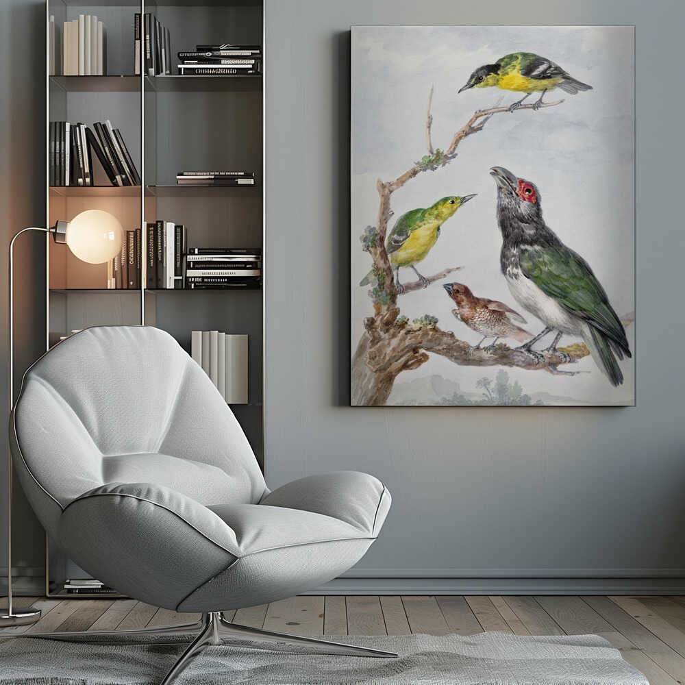 A vintage watercolor illustration of four different birds perched together on a gnarled, mossy branch against a pale, cloudy sky. The birds include two small yellow and green birds, a larger bird with dark green wings, a white belly, a black head and a red patch around its eye, and a small brown bird with a patterned chest. Print