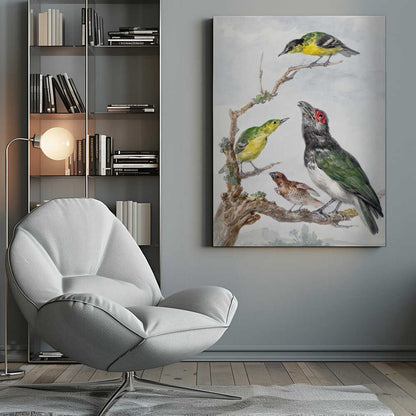 A vintage watercolor illustration of four different birds perched together on a gnarled, mossy branch against a pale, cloudy sky. The birds include two small yellow and green birds, a larger bird with dark green wings, a white belly, a black head and a red patch around its eye, and a small brown bird with a patterned chest. Print