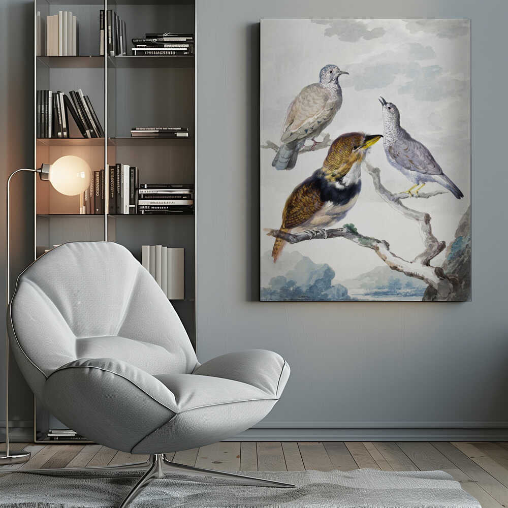 A vintage watercolor illustration of three different birds resting on a tree branch. One is a light brown and grey dove, another is a small grey bird looking upwards with its beak open, and the third is a more colorful bird with brown, gold, and black plumage and a yellow beak. The background is a soft, cloudy sky above a distant blue mountain range. Wall Art