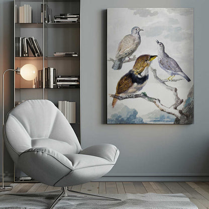A vintage watercolor illustration of three different birds resting on a tree branch. One is a light brown and grey dove, another is a small grey bird looking upwards with its beak open, and the third is a more colorful bird with brown, gold, and black plumage and a yellow beak. The background is a soft, cloudy sky above a distant blue mountain range. Wall Art