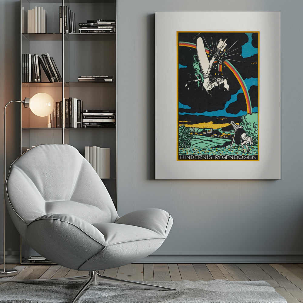 A vintage German Expressionist style print by Jung titled 'Hindernis Regenbogen'. The image features a surreal scene with a crashing white flying machine against a black sky, bisected by a vibrant rainbow. Below is a pastoral landscape with green fields and a village, where another figure is stumbling. Artwork