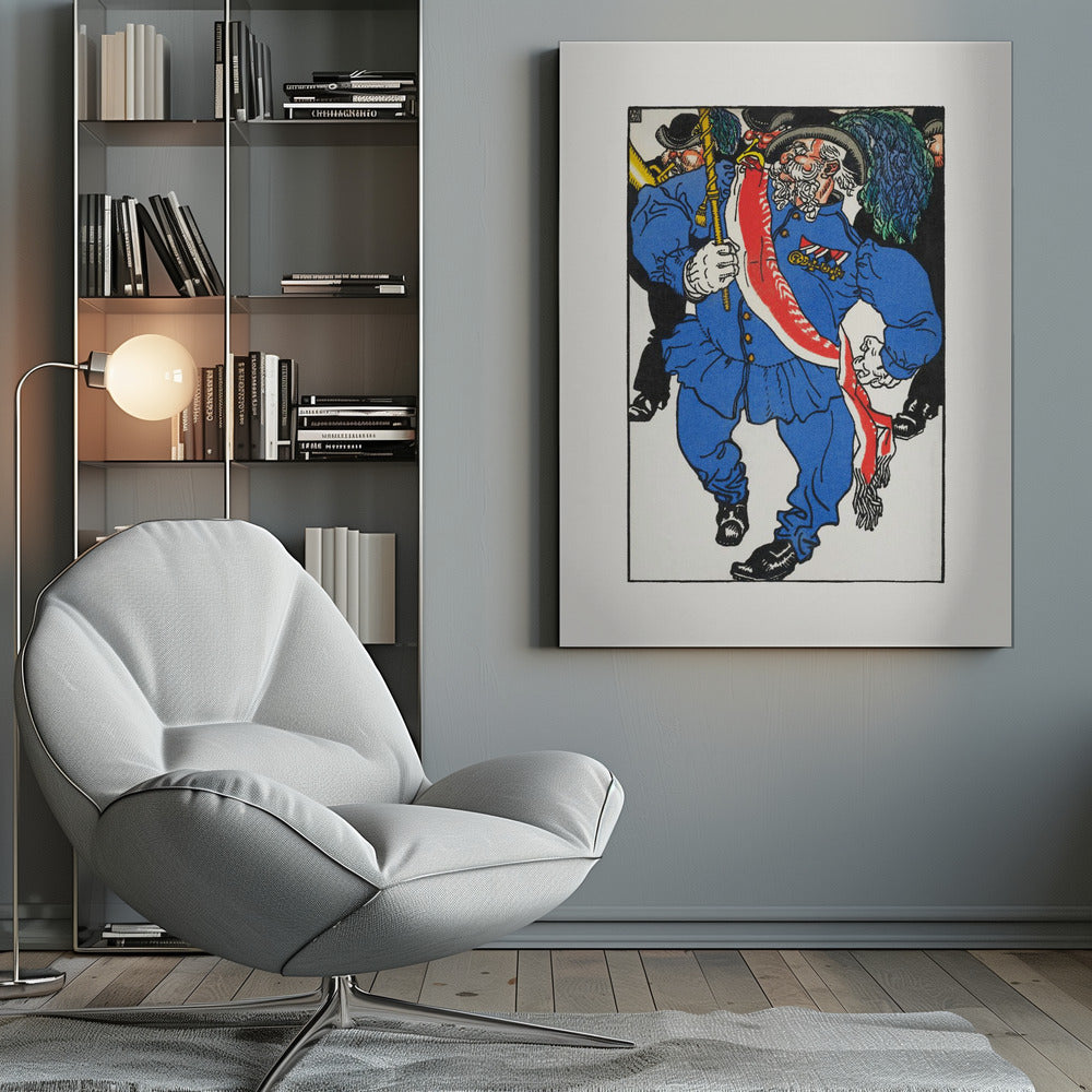 A colorful vintage illustration of an older man with a white beard and mustache marching in a parade. He wears a bright blue uniform, a plumed hat, medals, and a red and white sash, while carrying a staff. Other figures in black are in the background. Poster