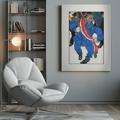 A colorful vintage illustration of an older man with a white beard and mustache marching in a parade. He wears a bright blue uniform, a plumed hat, medals, and a red and white sash, while carrying a staff. Other figures in black are in the background. Poster