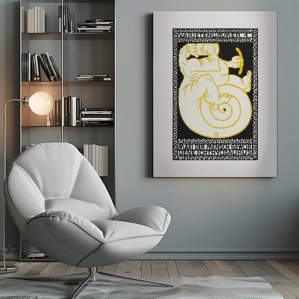 A vintage German poster in a graphic woodcut style, featuring a mythical creature that is half-man, half-ichthyosaurus with a coiled tail. The figure is rendered in cream with yellow outlines against a solid black background, enclosed by a decorative black and white border. Stylized German text appears at the top and bottom of the artwork. Print