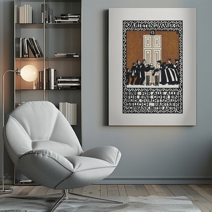 A vintage German Art Nouveau poster with a decorative black and white border. The central illustration, on a stippled brown background, depicts a stylized scene of men and women in formal attire in front of a large white door. German text is integrated into the design at the top and bottom. Decor