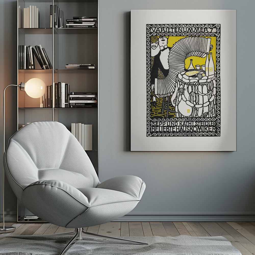 A vintage German woodcut-style poster in black, white, and yellow. It depicts two performers, a man playing a large accordion and a woman smiling behind him. A table with food and drinks is to the right. The artwork is framed by an ornate border with German text at the top and bottom. Artwork