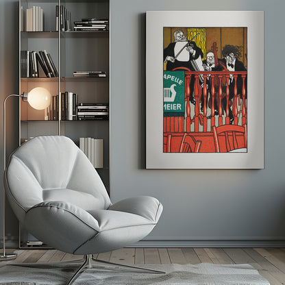 A vintage German poster featuring a caricature of a three-piece string band, 'Kapelle Meier,' performing on a balcony behind a bright red railing. The musicians are dressed in black formal wear against a golden-brown background, with a green sign on the left. Decor