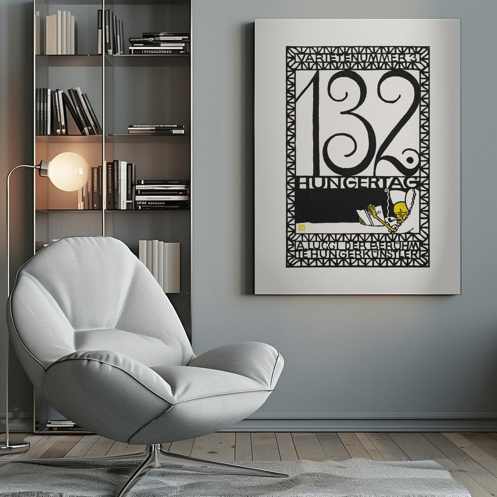 A framed vintage German art print in a graphic, woodcut style. The piece is primarily black and white with a yellow accent, featuring the large number '132' and German text like 'HUNGERTAG'. A small yellow skeleton figure is depicted reading a book and smoking a pipe, all enclosed within a geometric border. Wall Art