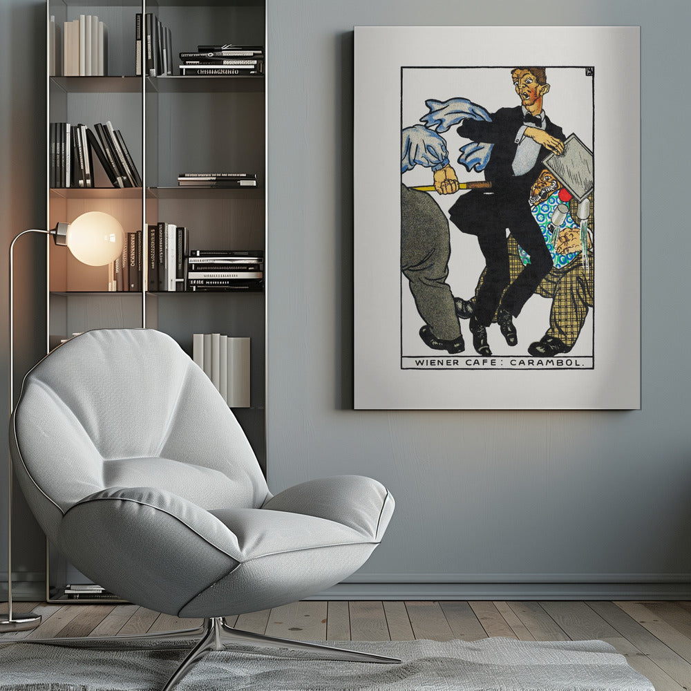 A vintage illustration titled 'Wiener Cafe: Carambol', showing a chaotic scene in a cafe. A waiter in a tuxedo looks shocked as he collides with other patrons, one holding a cue stick, causing him to drop his tray and spill drinks. Print