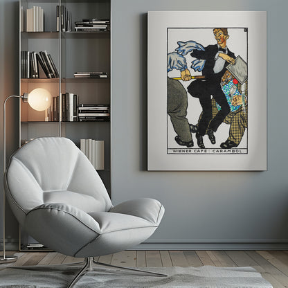 A vintage illustration titled 'Wiener Cafe: Carambol', showing a chaotic scene in a cafe. A waiter in a tuxedo looks shocked as he collides with other patrons, one holding a cue stick, causing him to drop his tray and spill drinks. Print