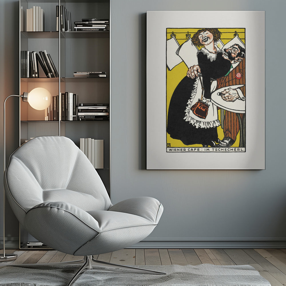 A vintage Viennese illustration depicting a jovial, laughing waitress in a black dress and white apron playfully embracing a surprised, bearded man in a brown suit. The scene is set against a vibrant yellow background with hanging papers and text at the bottom reading 'WIENER CAFE: IM TSCHECHERL.' Poster