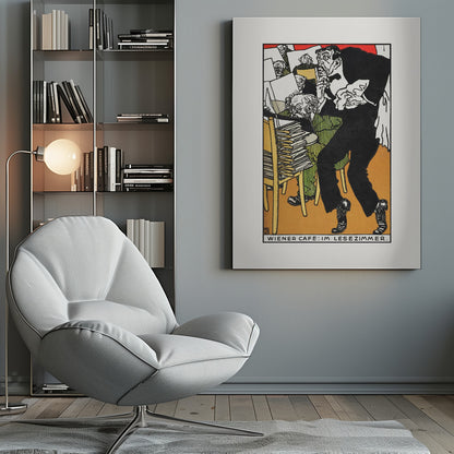 A vintage expressionist illustration titled 'Wiener Cafe: Im Lesezimmer.' The artwork depicts a man in a black suit with a nervous expression tiptoeing through a crowded Viennese cafe reading room. Other patrons are seen absorbed in their newspapers in the background, surrounded by stacks of papers. Poster