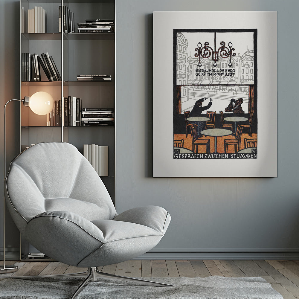 A framed vintage woodcut-style print titled 'Gespraech Zwischen Stummen', depicting the interior of a cafe. Two men sit at separate tables, communicating with exaggerated hand gestures. Through the large window behind them, a city scene with buildings is visible. Print