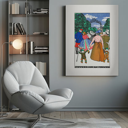 A vintage illustration titled 'Schonbrunn am Sonntag' depicting a crowd of people in colorful, early 20th-century attire entering a park through an ornate iron gate. A woman in the center holds the hands of two children, all walking towards the green trees under a blue sky. Decor