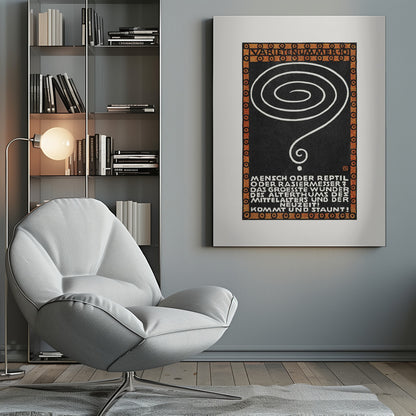A vintage German poster with a black background, framed by a decorative orange and black border. In the center is a large, hand-drawn white spiral that tapers into a question mark. At the top, the words 'VARIETENUMMER 101' are displayed. Below the spiral, there is a block of white text in German. Wall Art