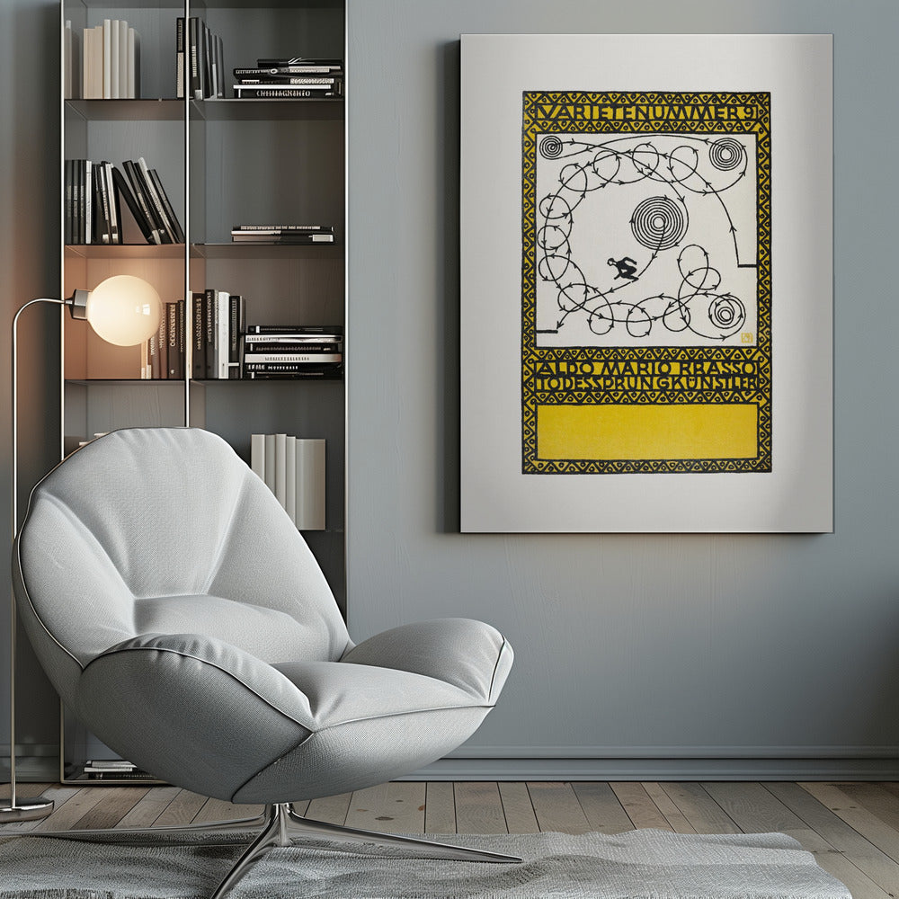 A framed vintage German poster with a yellow and black geometric border. The center features a white background with a black silhouette of a performer navigating a complex, looping path marked with arrows, alongside spiral patterns. Stylized German text appears at the top and bottom. Poster