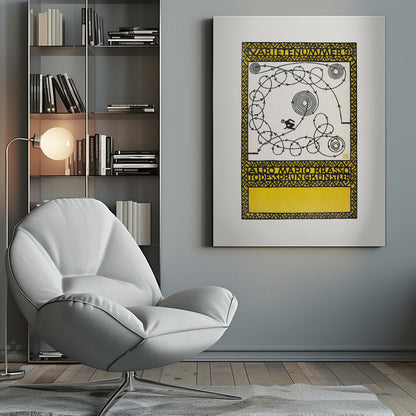 A framed vintage German poster with a yellow and black geometric border. The center features a white background with a black silhouette of a performer navigating a complex, looping path marked with arrows, alongside spiral patterns. Stylized German text appears at the top and bottom. Poster