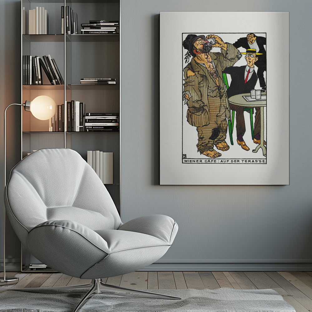 A vintage cartoon illustration titled 'Wiener Cafe: Auf der Teras'se' depicting a social scene. A large, barefoot man in ragged brown clothes drinks from a glass, disturbing a well-dressed man in a suit and yellow hat sitting at a green cafe table. Another man in the background smiles mischievously. Wall Art
