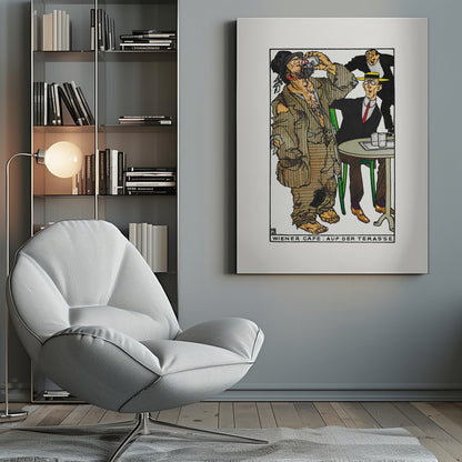 A vintage cartoon illustration titled 'Wiener Cafe: Auf der Teras'se' depicting a social scene. A large, barefoot man in ragged brown clothes drinks from a glass, disturbing a well-dressed man in a suit and yellow hat sitting at a green cafe table. Another man in the background smiles mischievously. Wall Art
